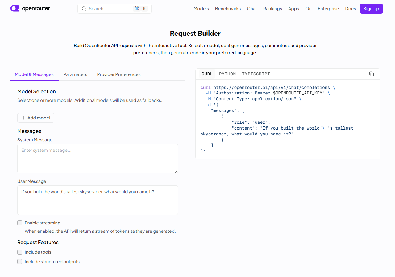OpenRouter Request Builder 页面,展示 API 调用示例