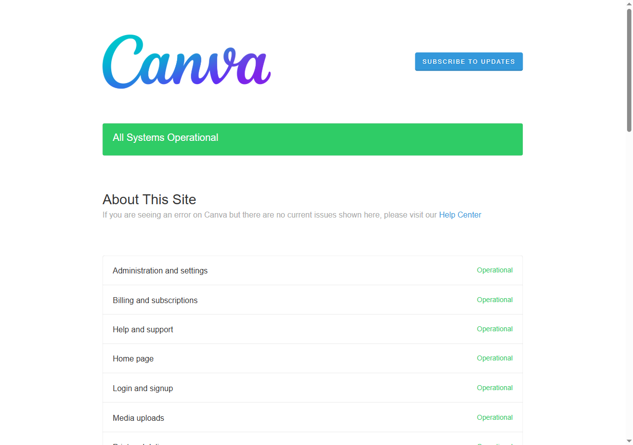 Canva 官方状态页中的下载设计服务状态