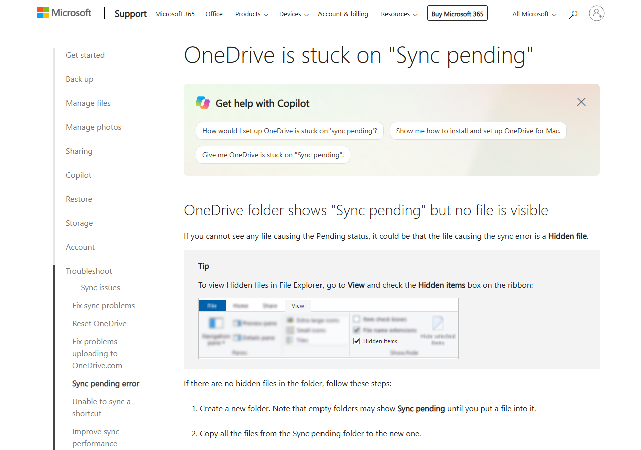 微软官方 OneDrive 同步挂起帮助页
