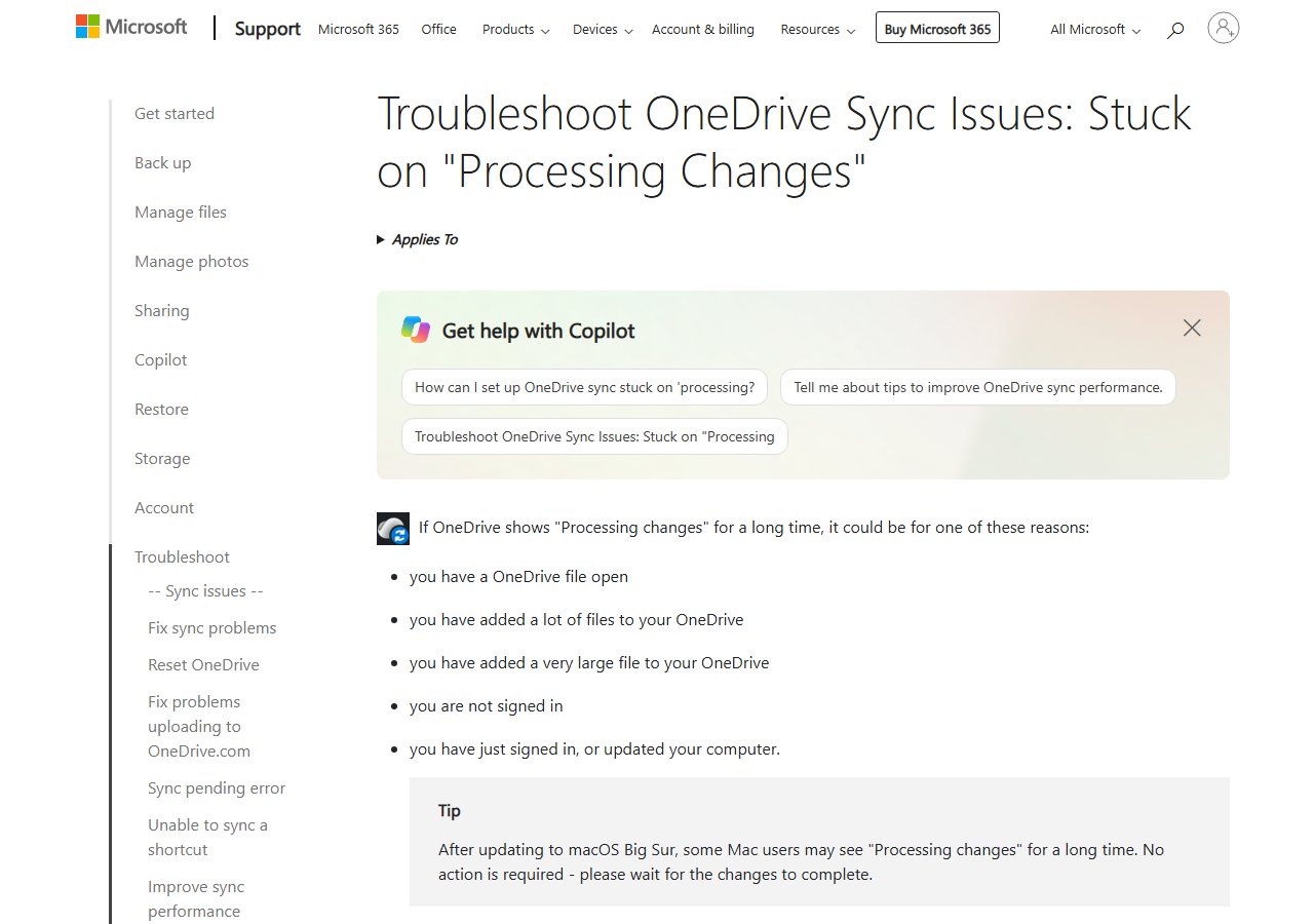 微软官方 OneDrive 正在处理更改排查页