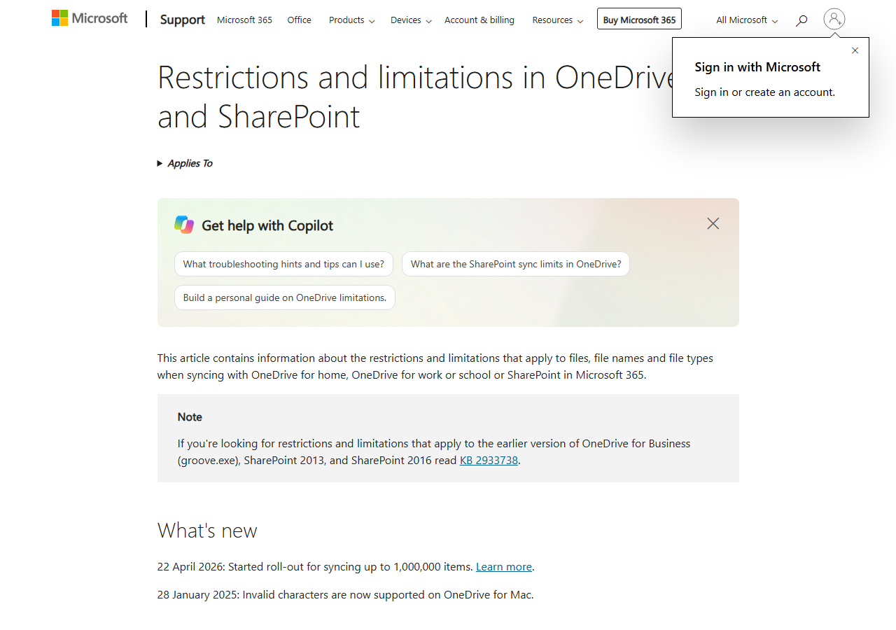 微软官方 OneDrive 限制和同步数量说明