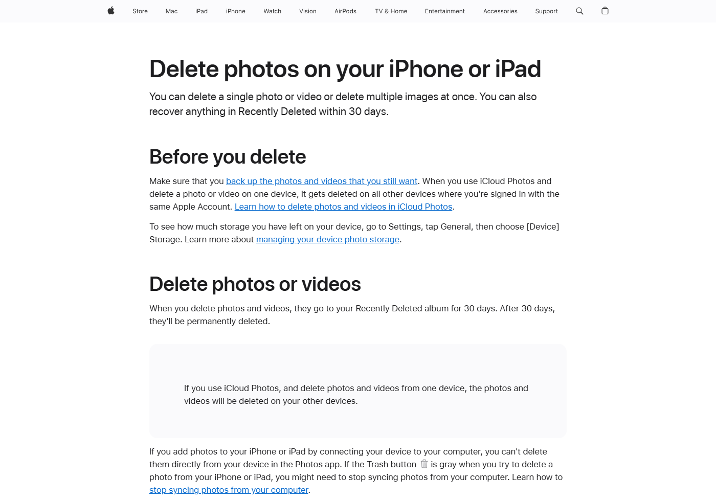 Apple 官方删除照片与最近删除说明